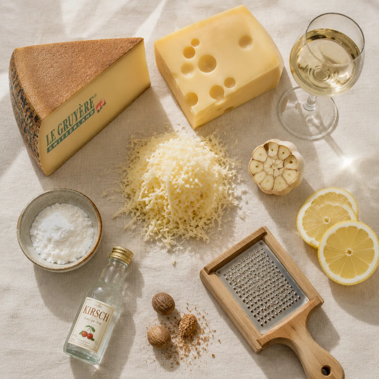 Cheese fondue ingredients flatlay with Gruyère, Emmental, wine, and garlic