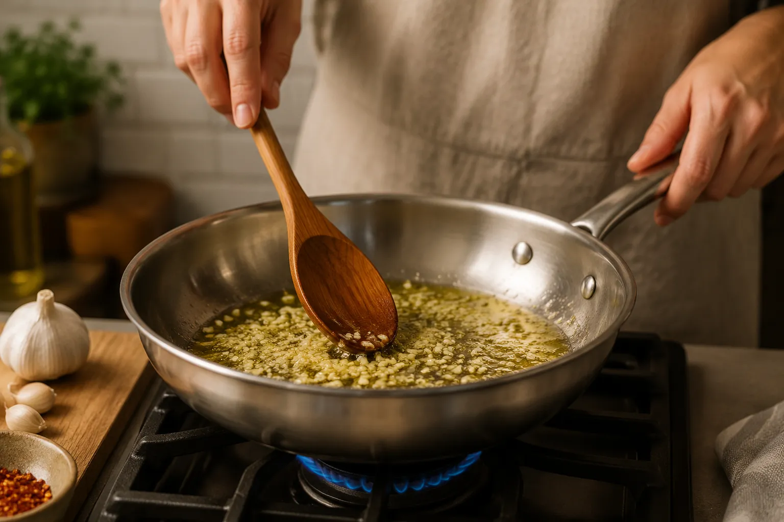 Sautéing garlic in olive oil for vegan alfredo sauce recipe.