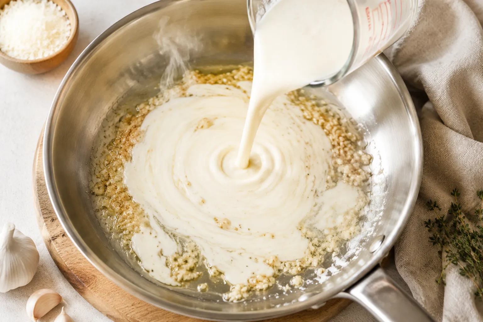 Simmering vegan alfredo sauce with garlic in a skillet.
