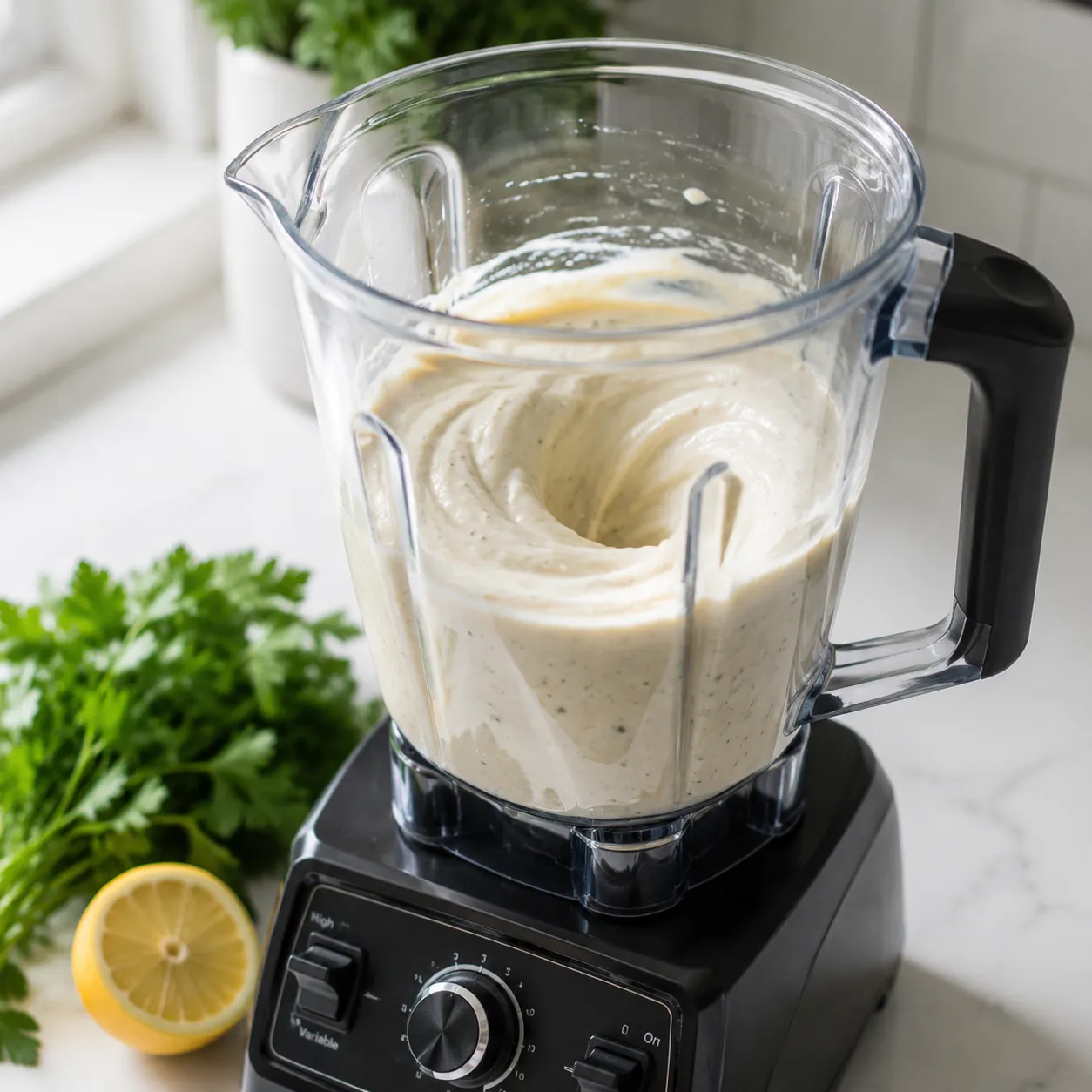 Blending cashews into creamy dairy free alfredo sauce.