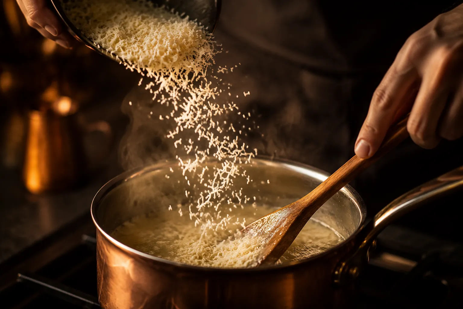 Melting cheese into white wine for classic cheese fondue