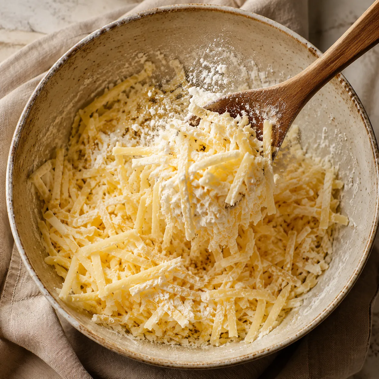 Grated Gruyère and Emmental tossed with cornstarch for fondue