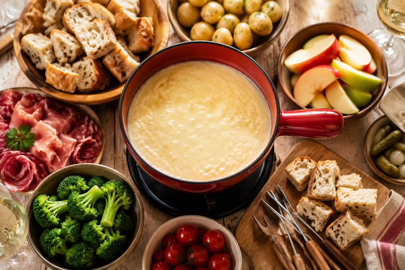 Cheese fondue spread with bread, apples, and vegetables for dipping