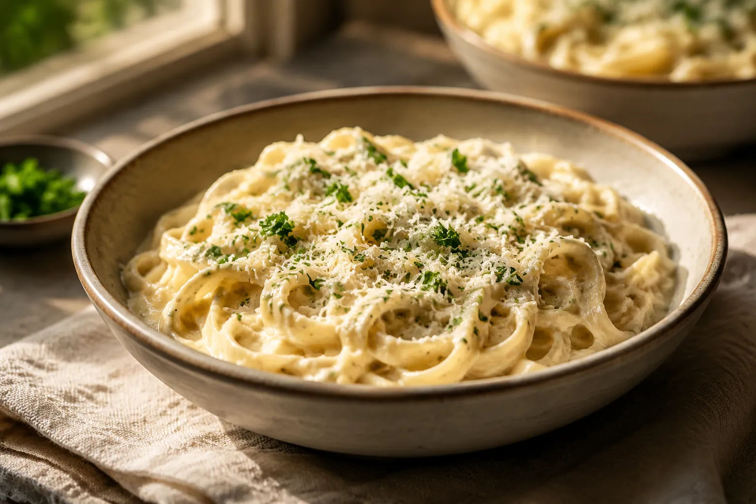 Finished dairy free alfredo sauce tossed with fettuccine and vegan parmesan.