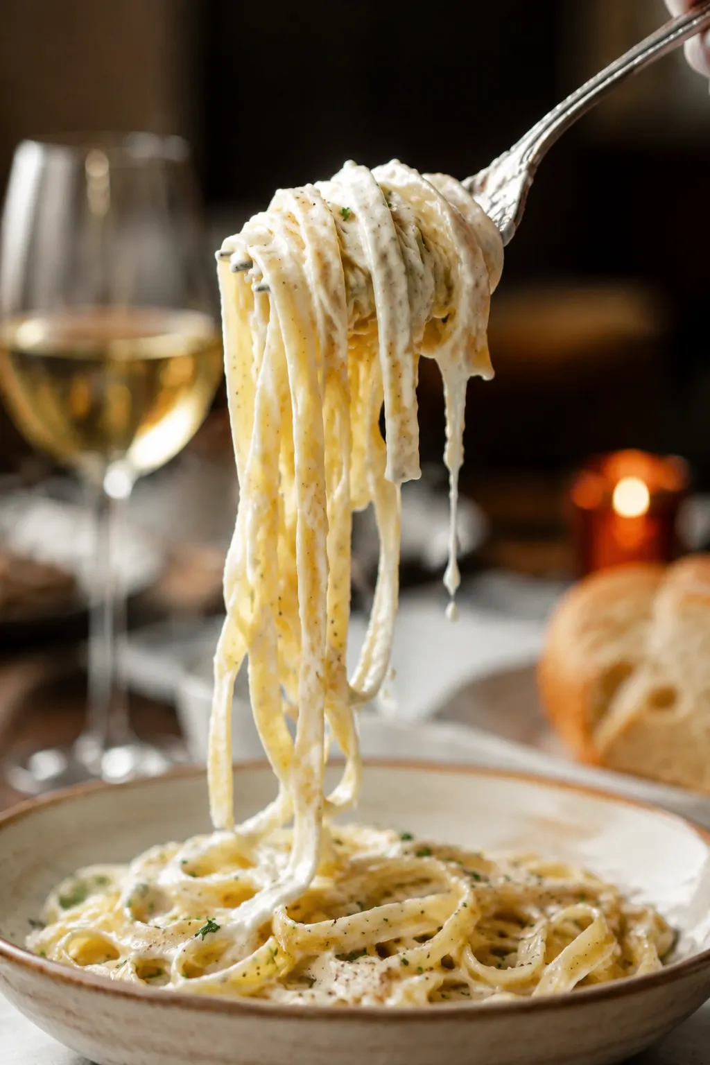 Forkful of creamy vegan alfredo pasta lifted from the bowl.