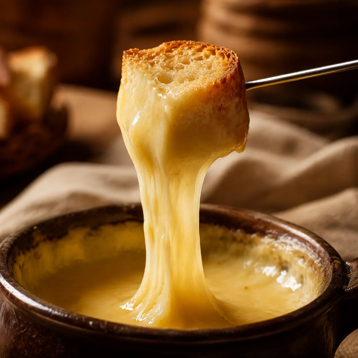 Macro shot of cheese pull on bread from fondue pot