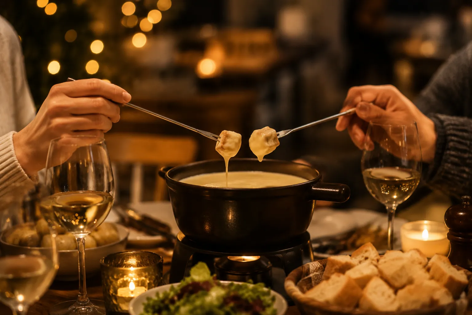 Friends sharing cheese fondue at a cozy dinner table