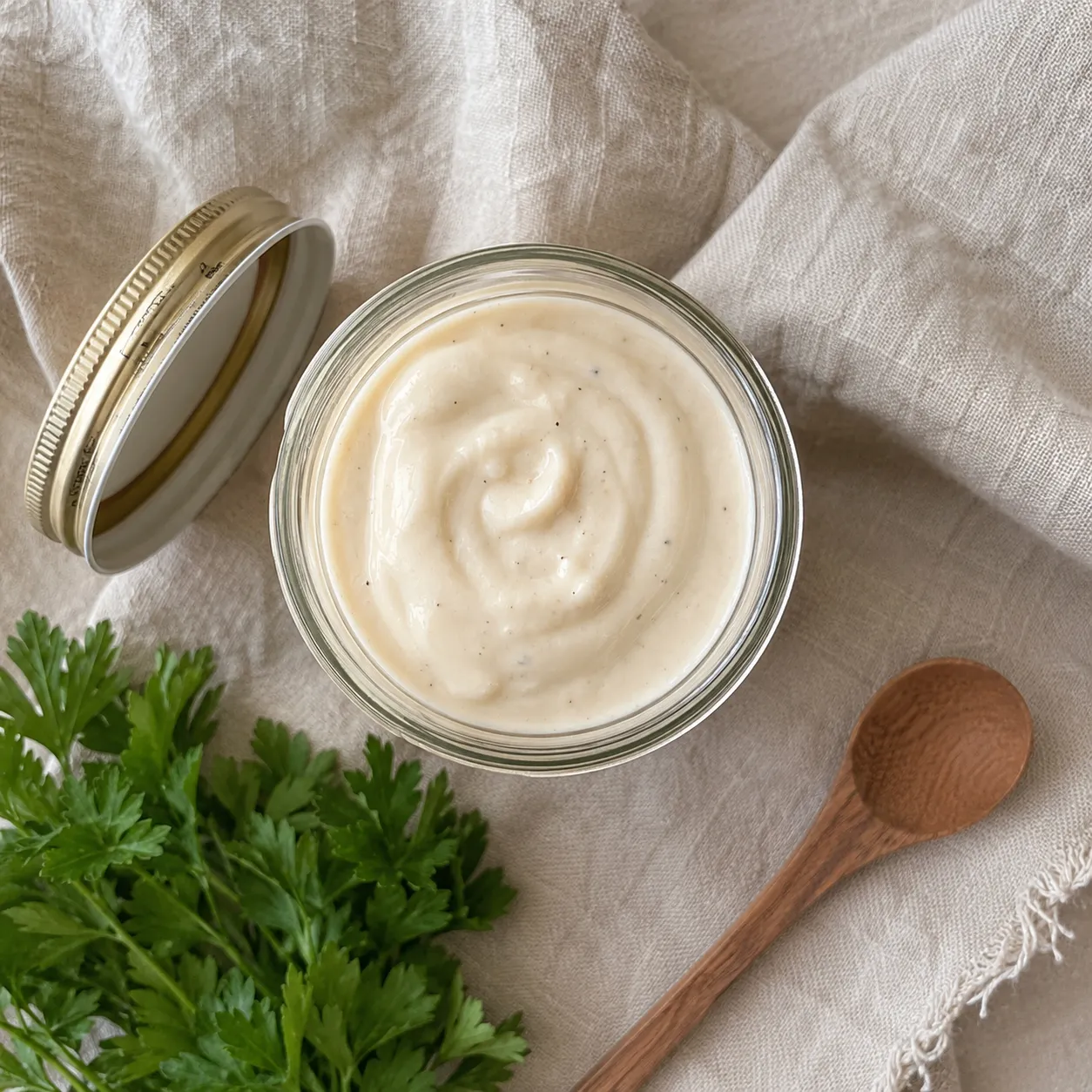 Dairy free alfredo sauce stored in a glass jar for the fridge.