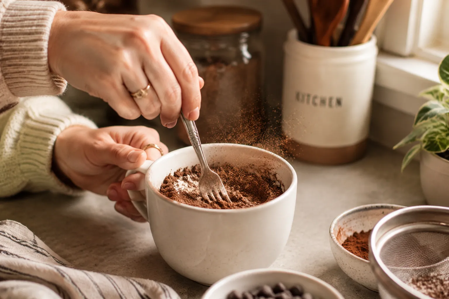 Whisking dry ingredients for chocolate mug cake in a white mug