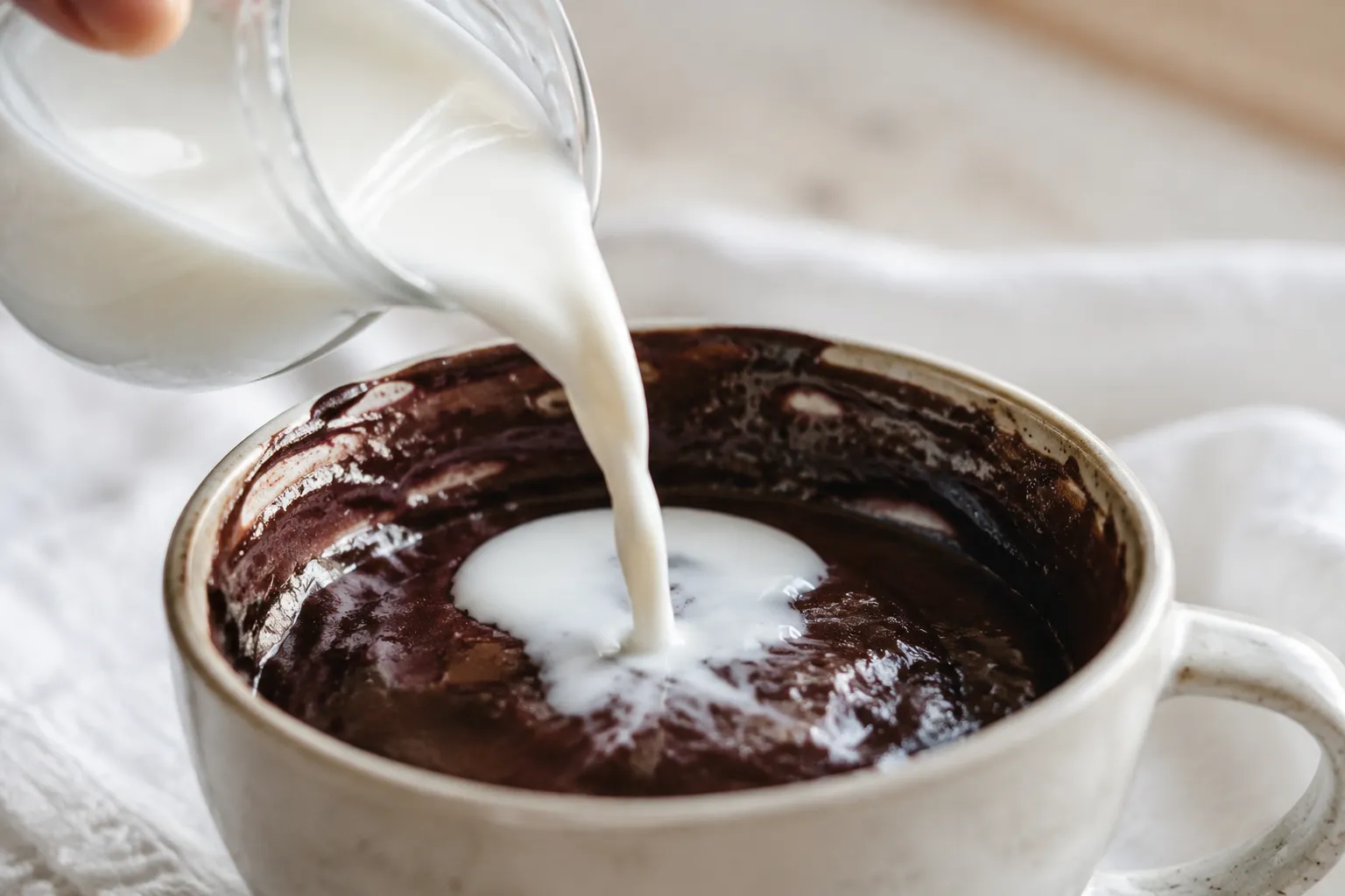 Pouring milk into chocolate mug cake batter