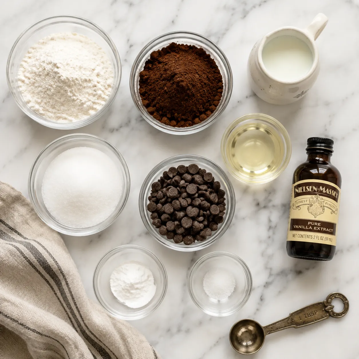 Chocolate mug cake ingredients flatlay with cocoa powder, flour, sugar, and chocolate chips