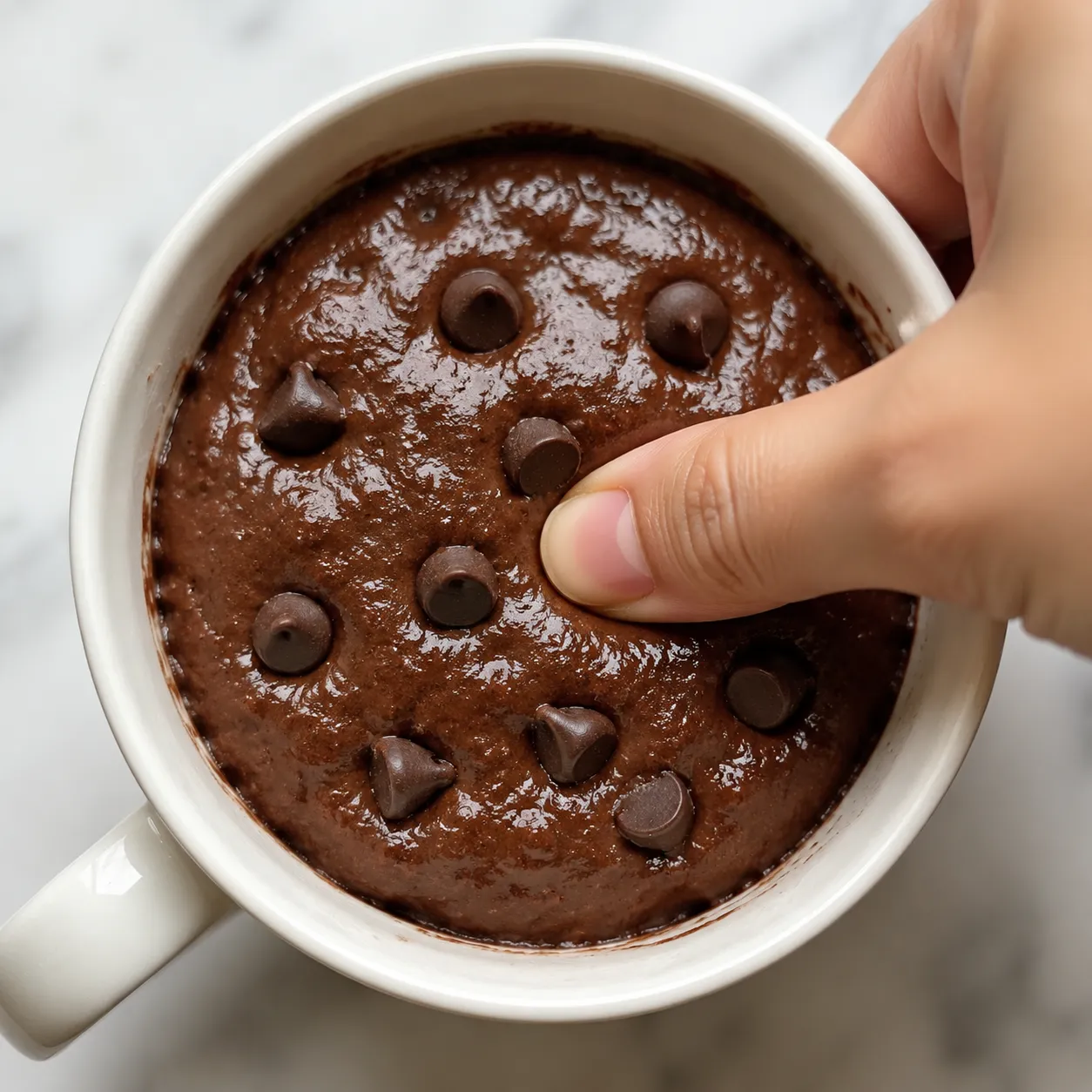 Adding chocolate chips to mug cake batter before microwaving