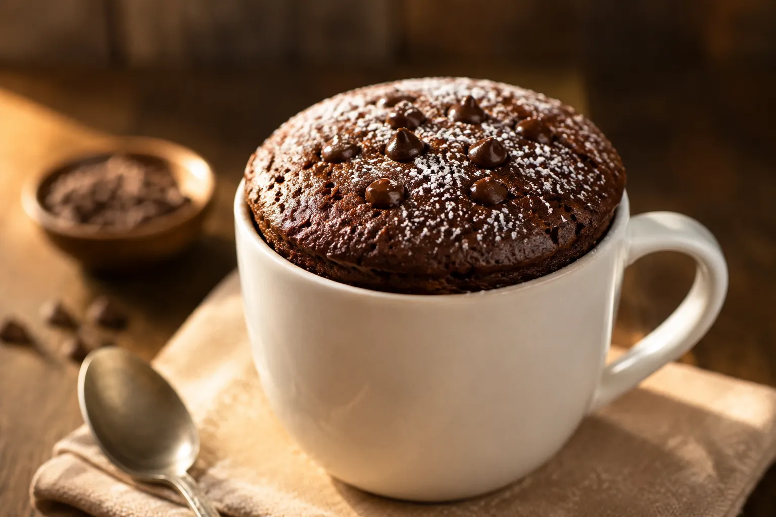 Finished chocolate mug cake dusted with powdered sugar