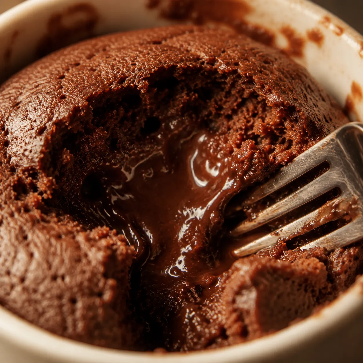 Close-up of molten chocolate center inside a chocolate mug cake