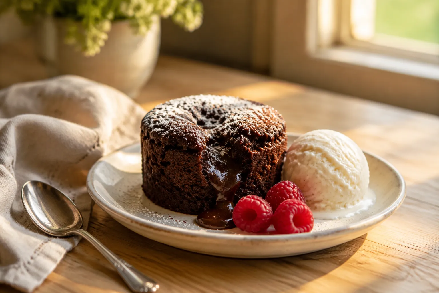 Chocolate mug cake served with vanilla ice cream and raspberries