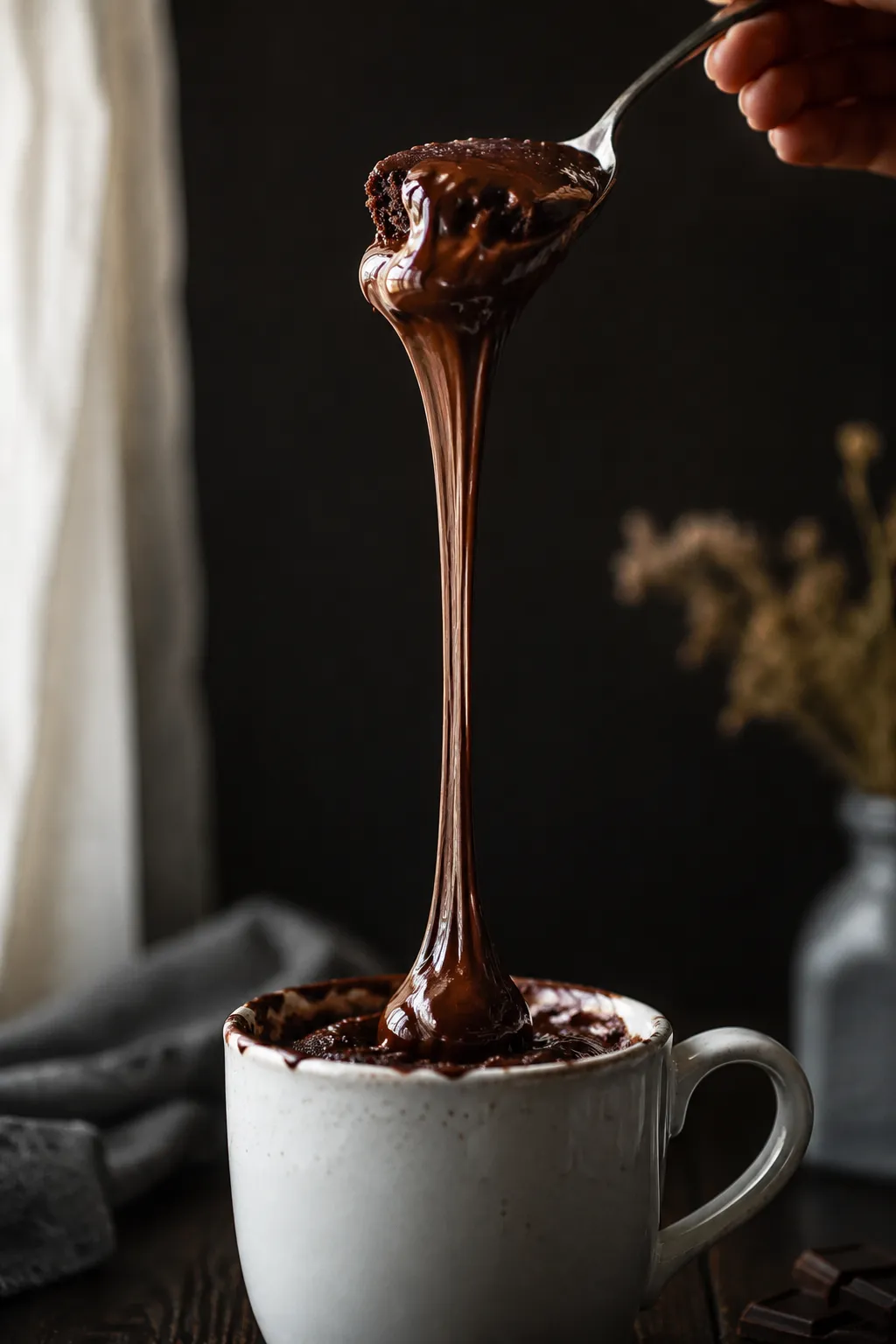 Gooey chocolate pull from a chocolate mug cake on a spoon