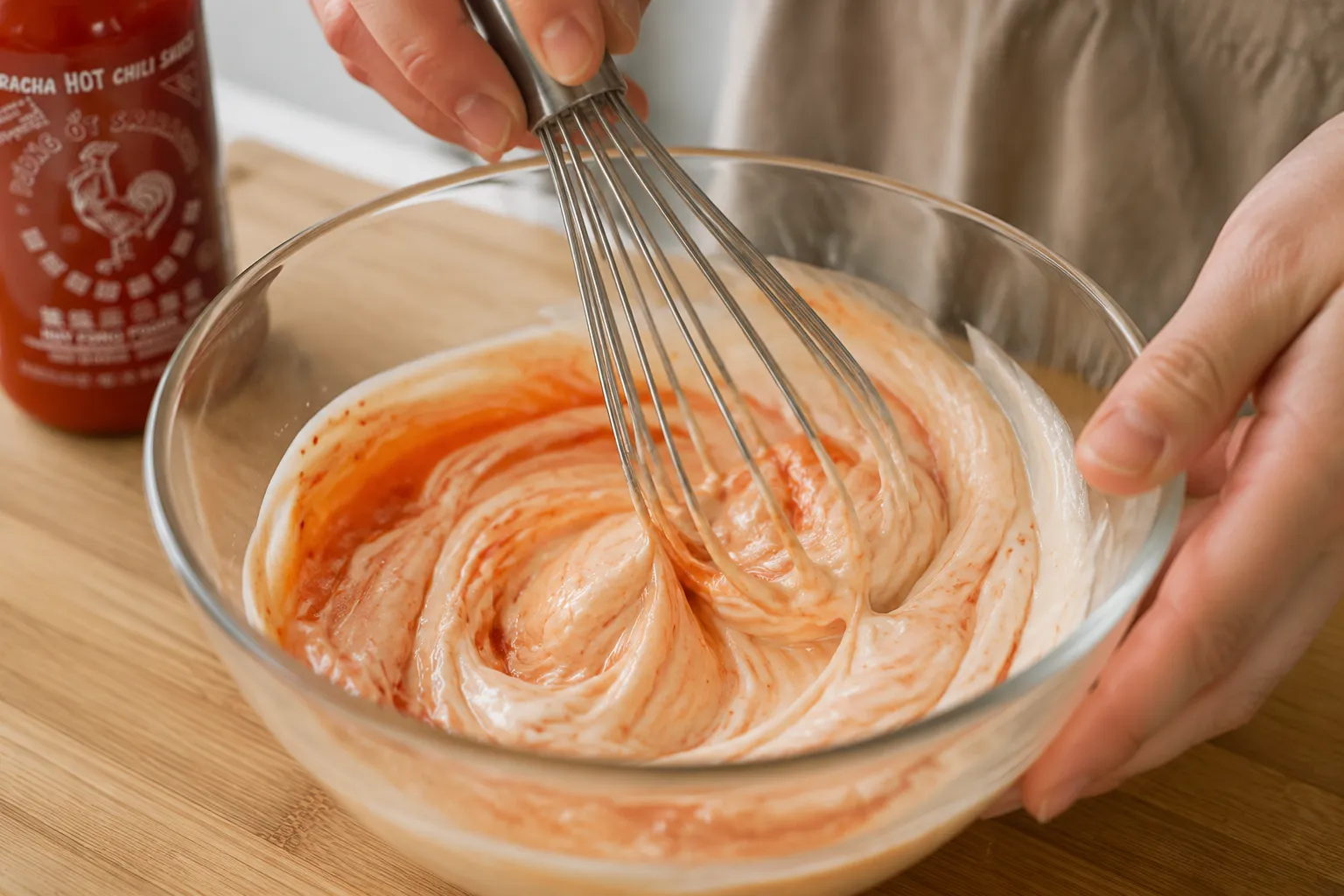 Whisking mayo and sweet chili sauce to make bang bang sauce