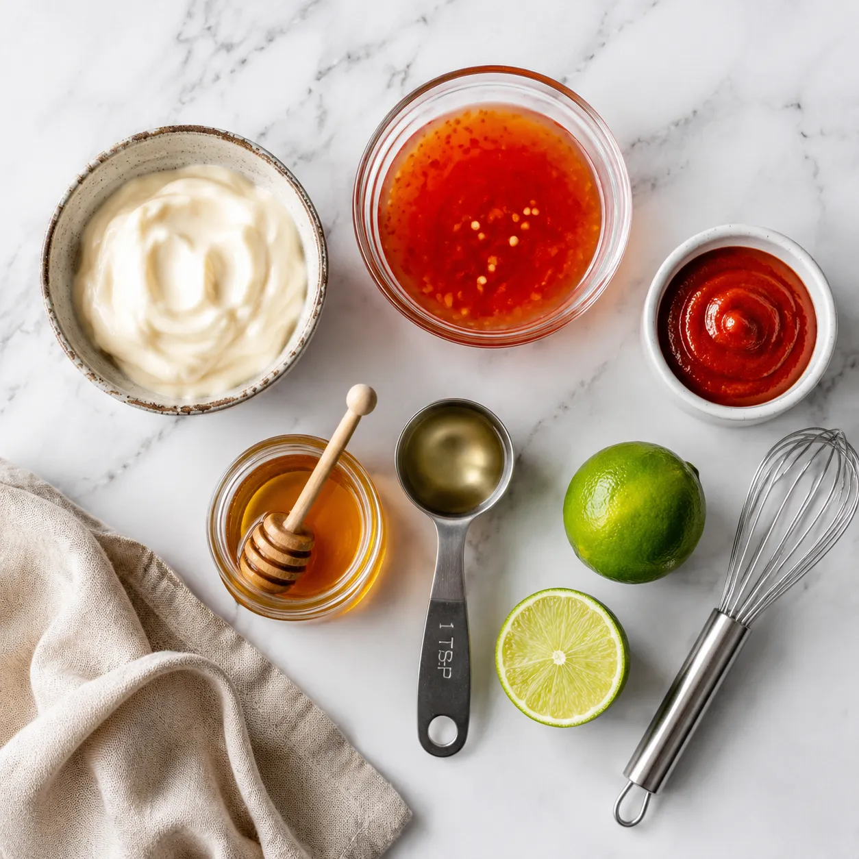 Bang bang sauce ingredients flatlay with mayo, sweet chili, sriracha, and honey
