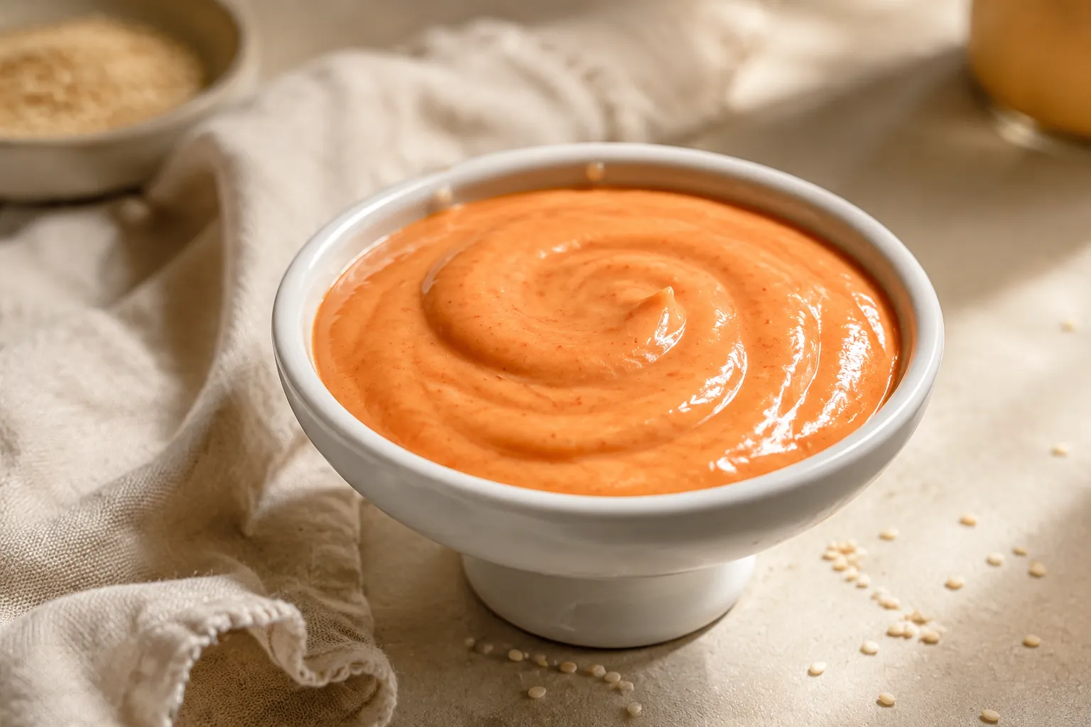 Finished homemade bang bang sauce in a small white bowl