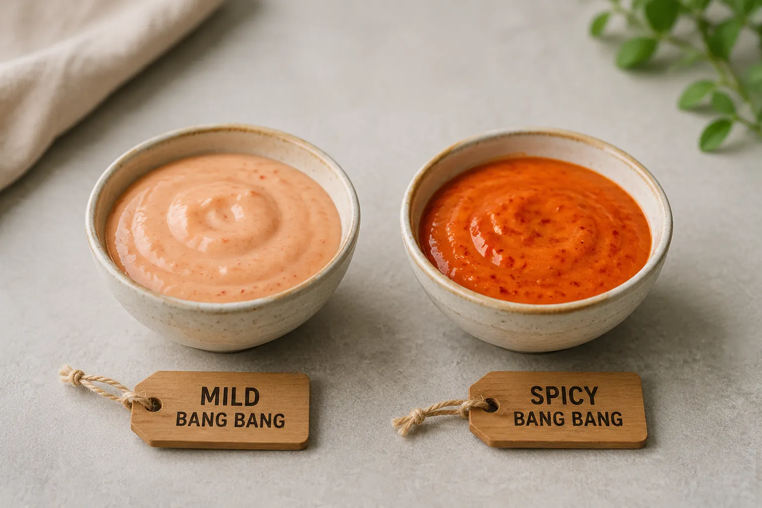 Mild and spicy bang bang sauce variations side by side