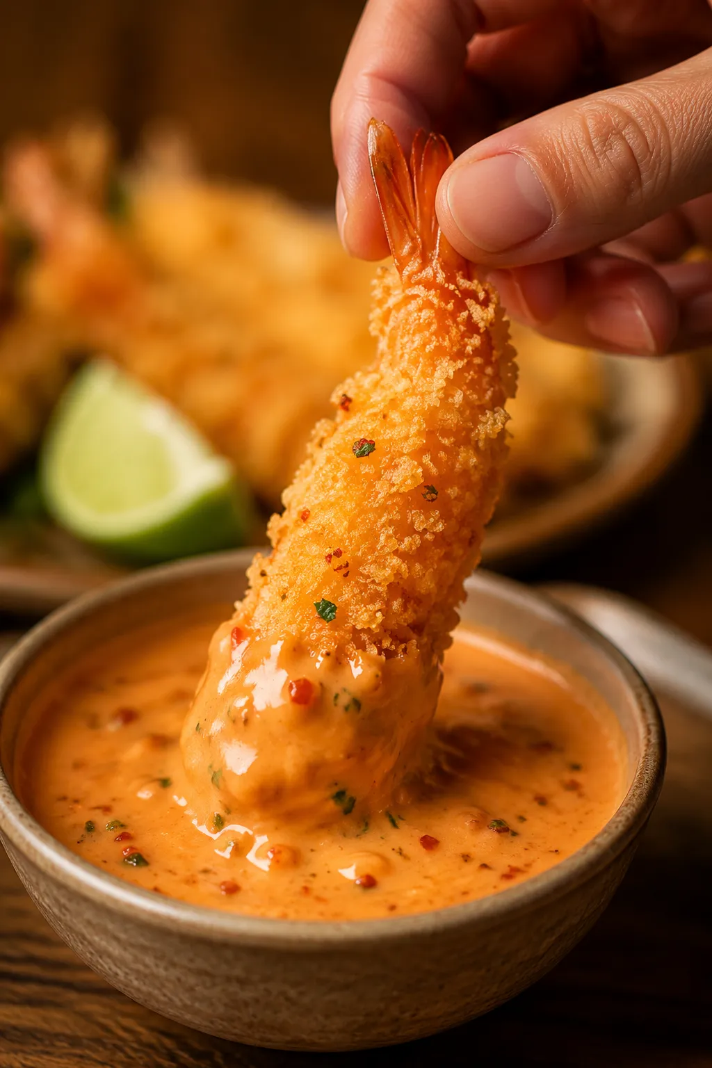 Dipping crispy shrimp into bang bang sauce