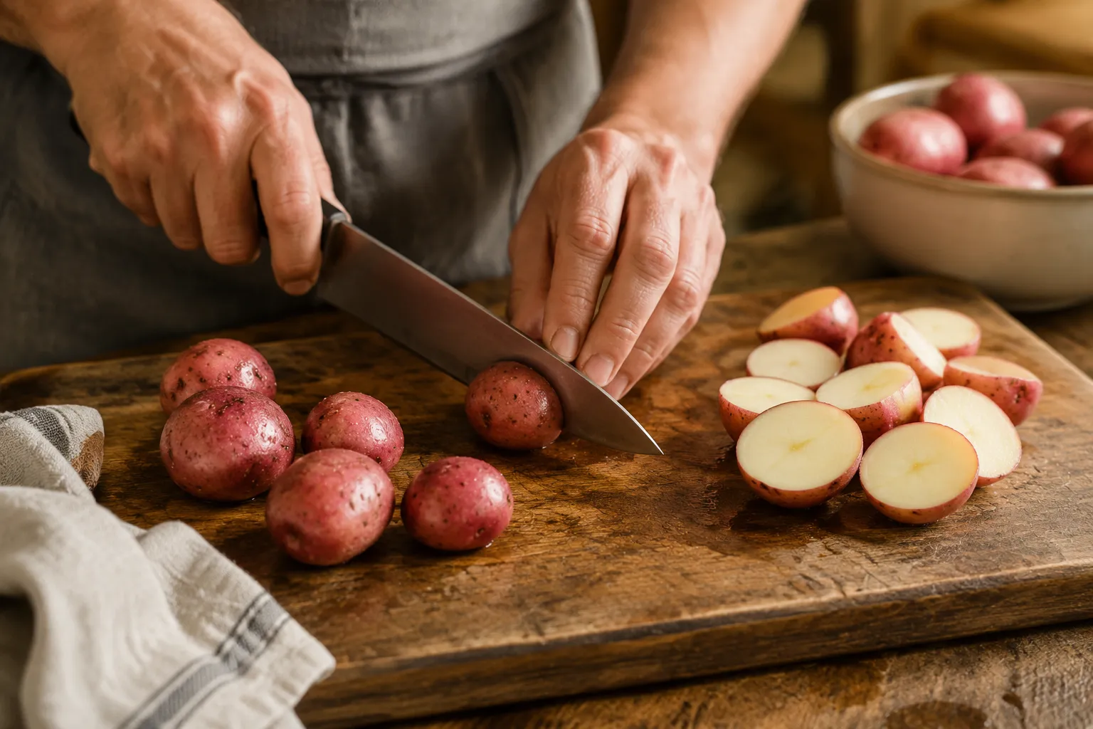 Hands cutting baby red potatoes in half on a wooden cutting board.