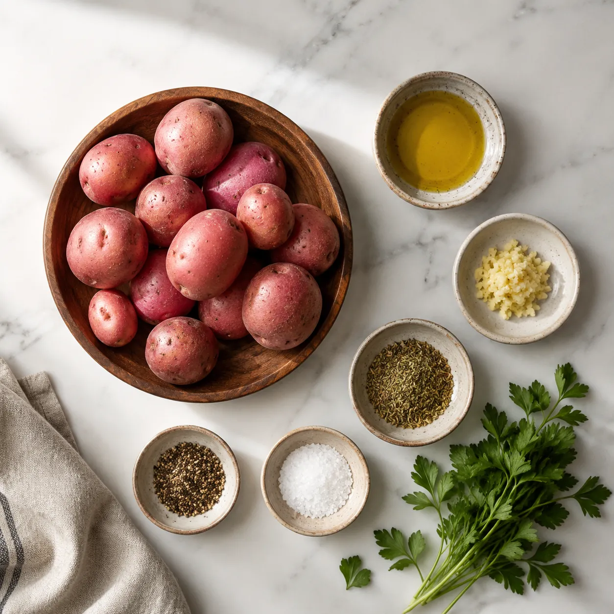 Ingredients for roasted red potatoes including baby reds, olive oil, garlic, and herbs.