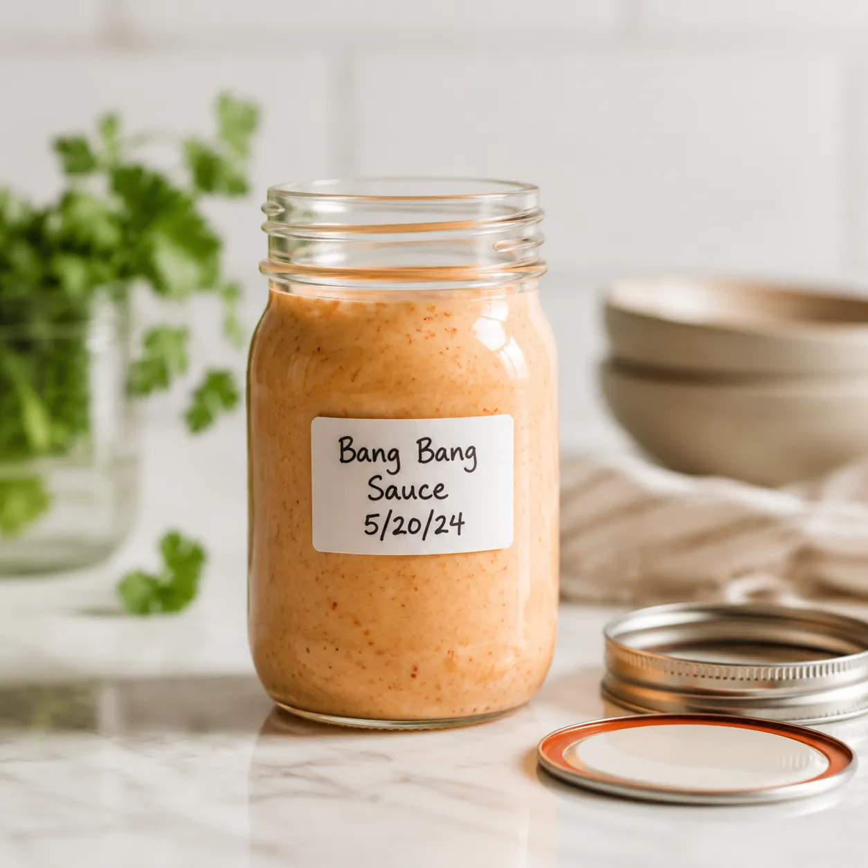 Homemade bang bang sauce stored in a mason jar in the fridge