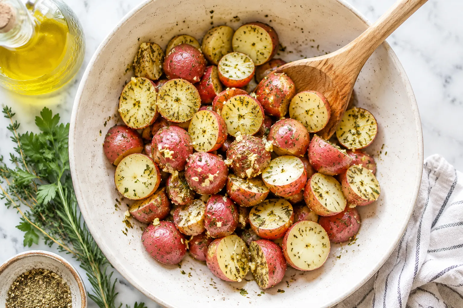 Halved red potatoes tossed with olive oil and garlic-herb seasoning in a bowl.