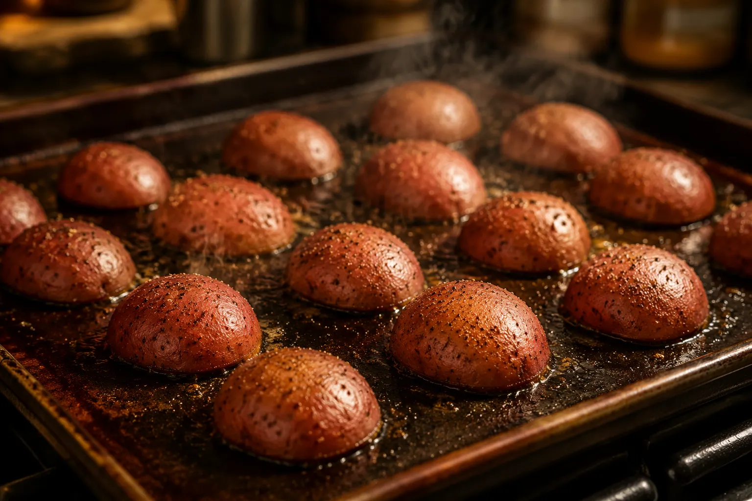 Red potatoes arranged cut-side down on a sheet pan ready to be oven roasted.