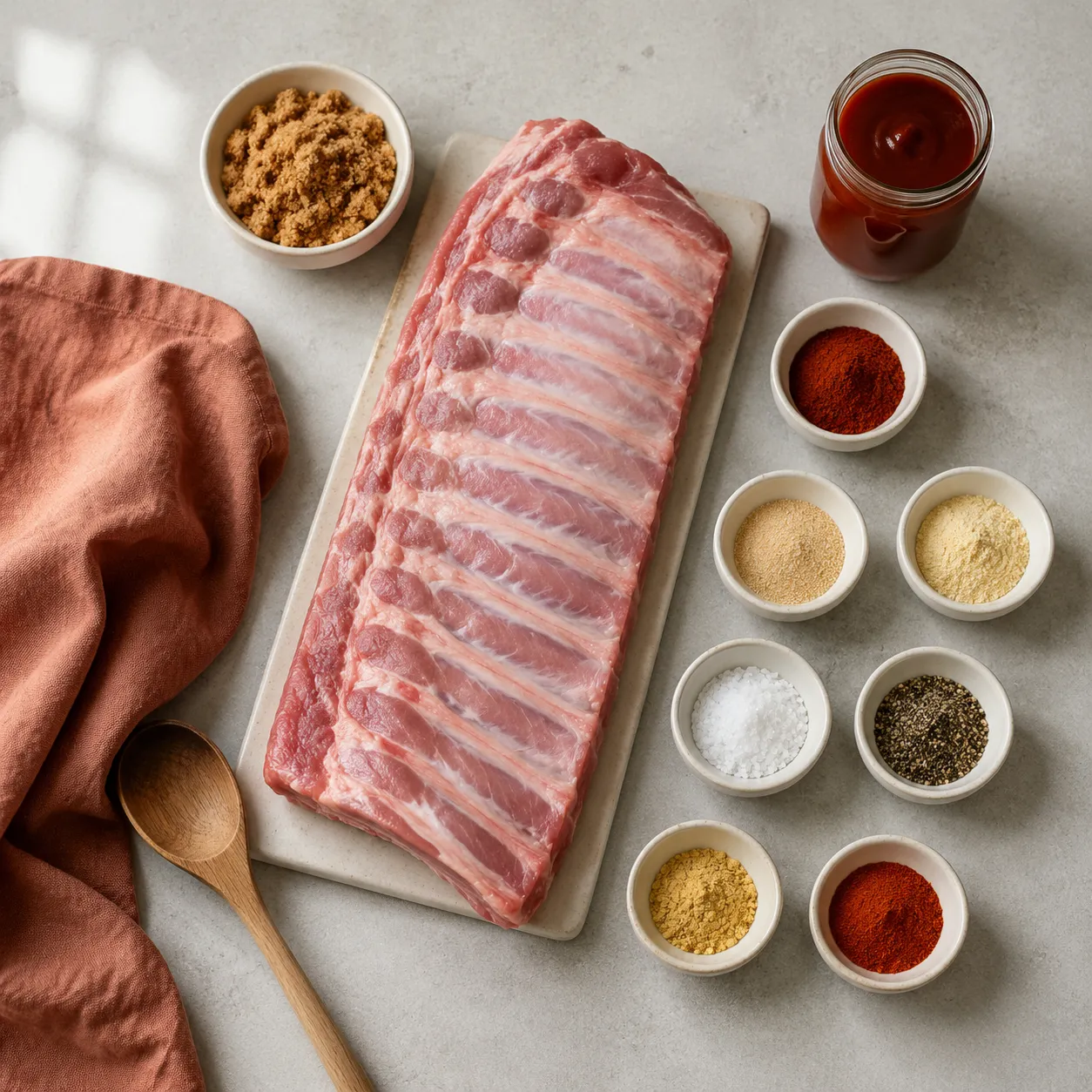 Ingredients for oven baked pork ribs including spare ribs and dry rub spices