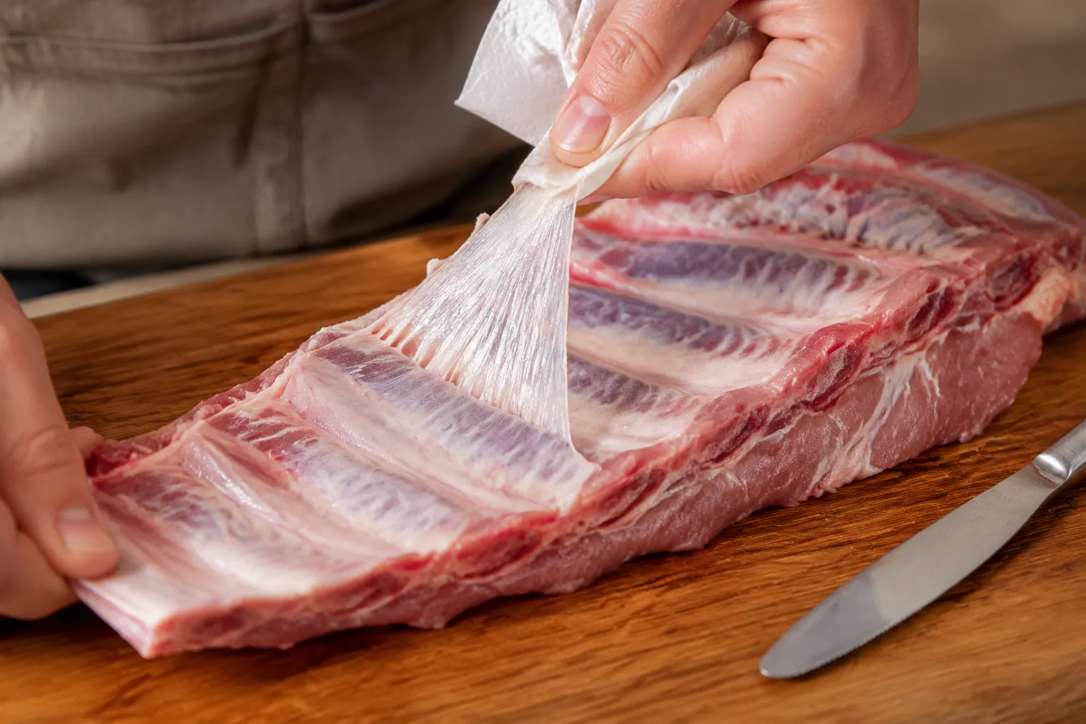 Removing the membrane from pork spare ribs before baking in the oven