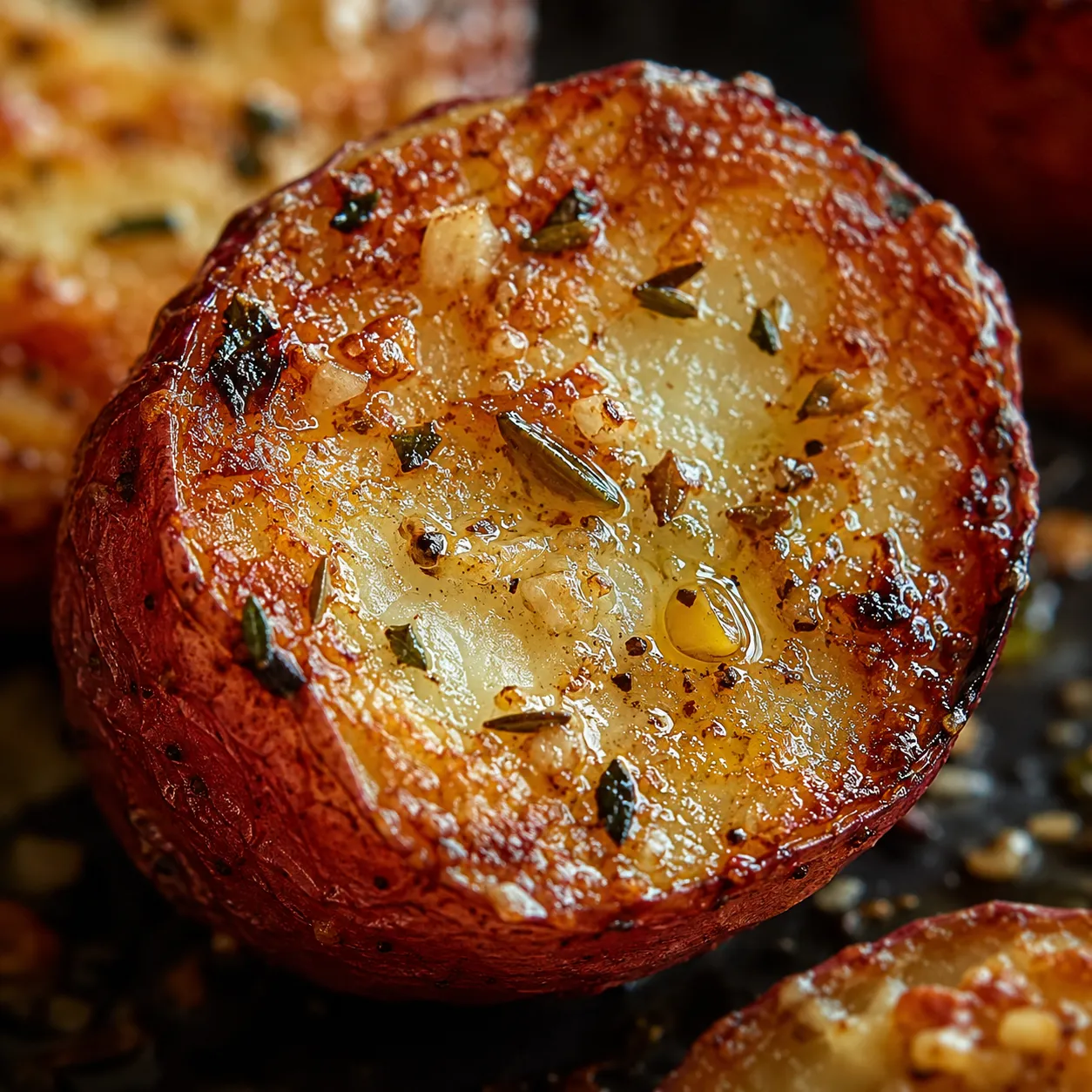 Macro close-up of a crispy roasted red potato half with golden caramelized crust.