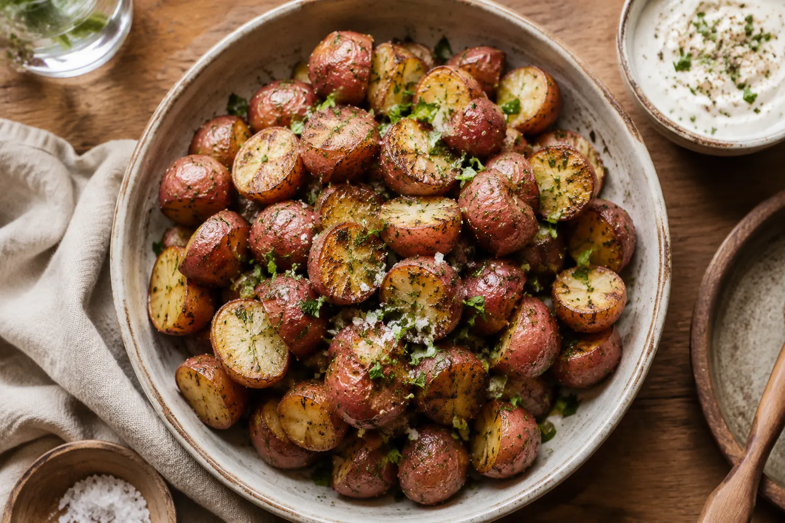 Finished oven roasted red potatoes in a stoneware bowl topped with fresh parsley.