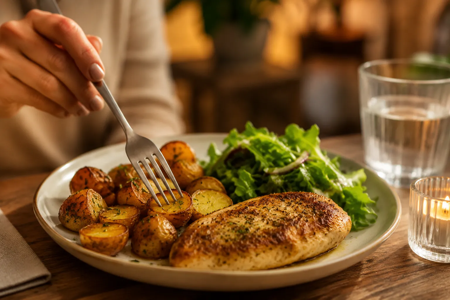 Roasted baby potatoes served as a side dish with chicken on a dinner plate.