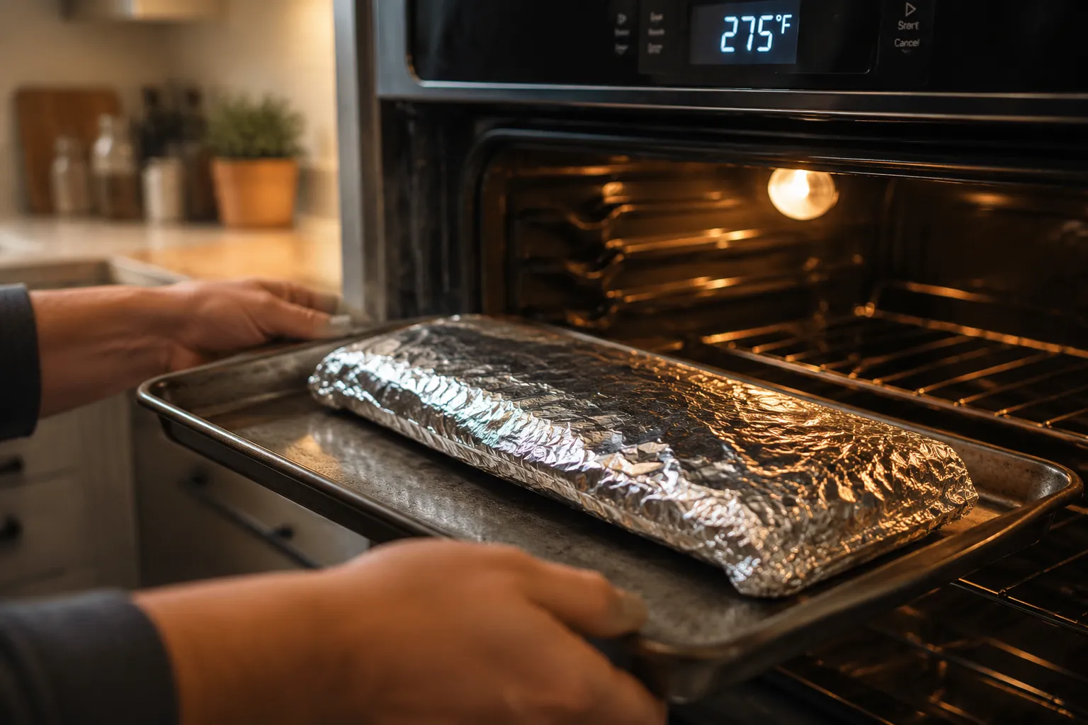 Foil-wrapped pork spare ribs in the oven at 275 degrees