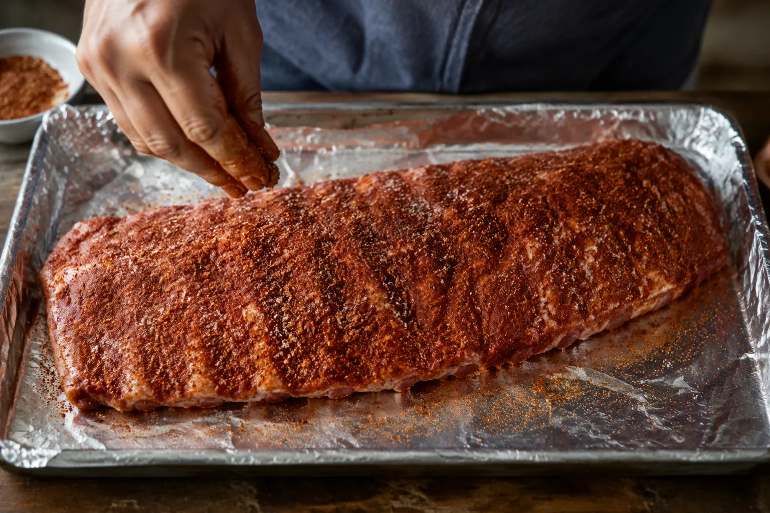 Pork ribs coated in dry rub before going in the oven