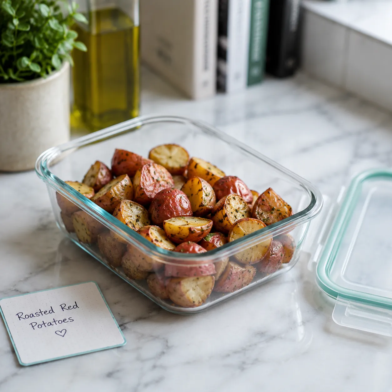 Leftover roasted red potatoes stored in a glass meal-prep container.