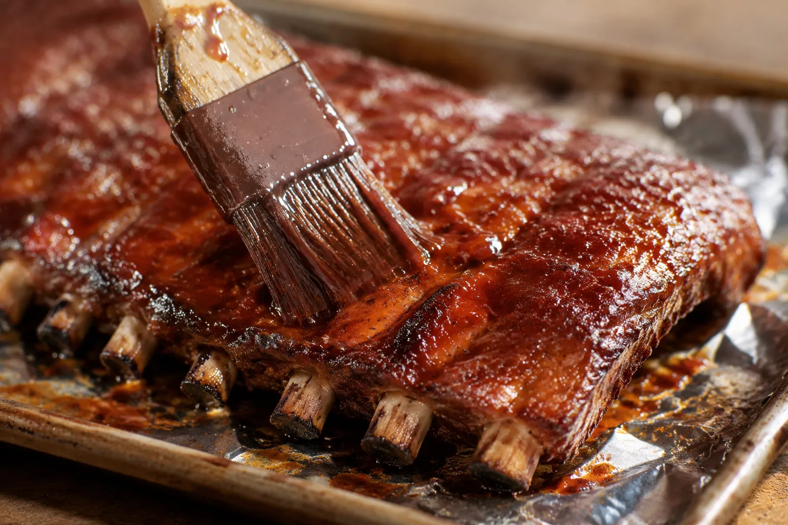 Basting BBQ sauce on oven baked pork ribs before broiling