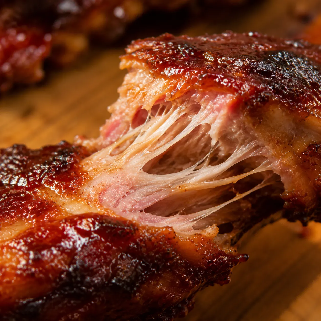 Fall-off-the-bone pork rib pulled apart showing tender baked meat