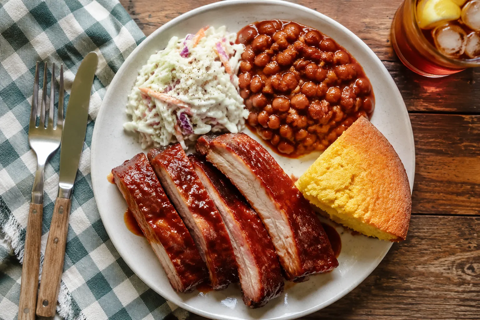Oven baked pork ribs served with coleslaw, baked beans, and cornbread