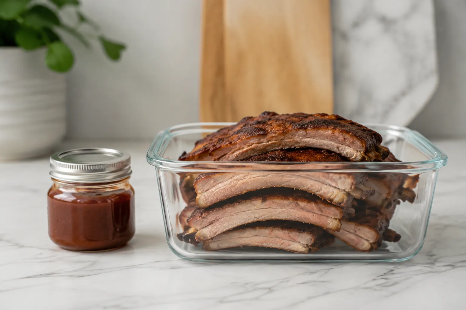 Leftover oven baked pork ribs stored in a glass container for meal prep