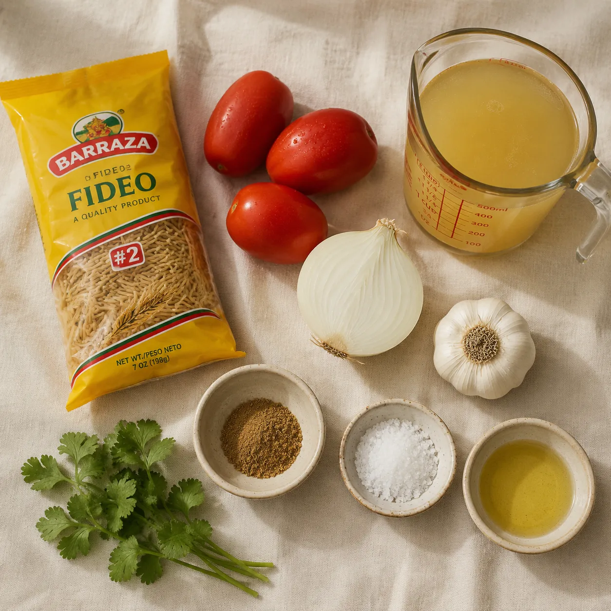 Ingredients for authentic fideo soup recipe arranged in a flatlay