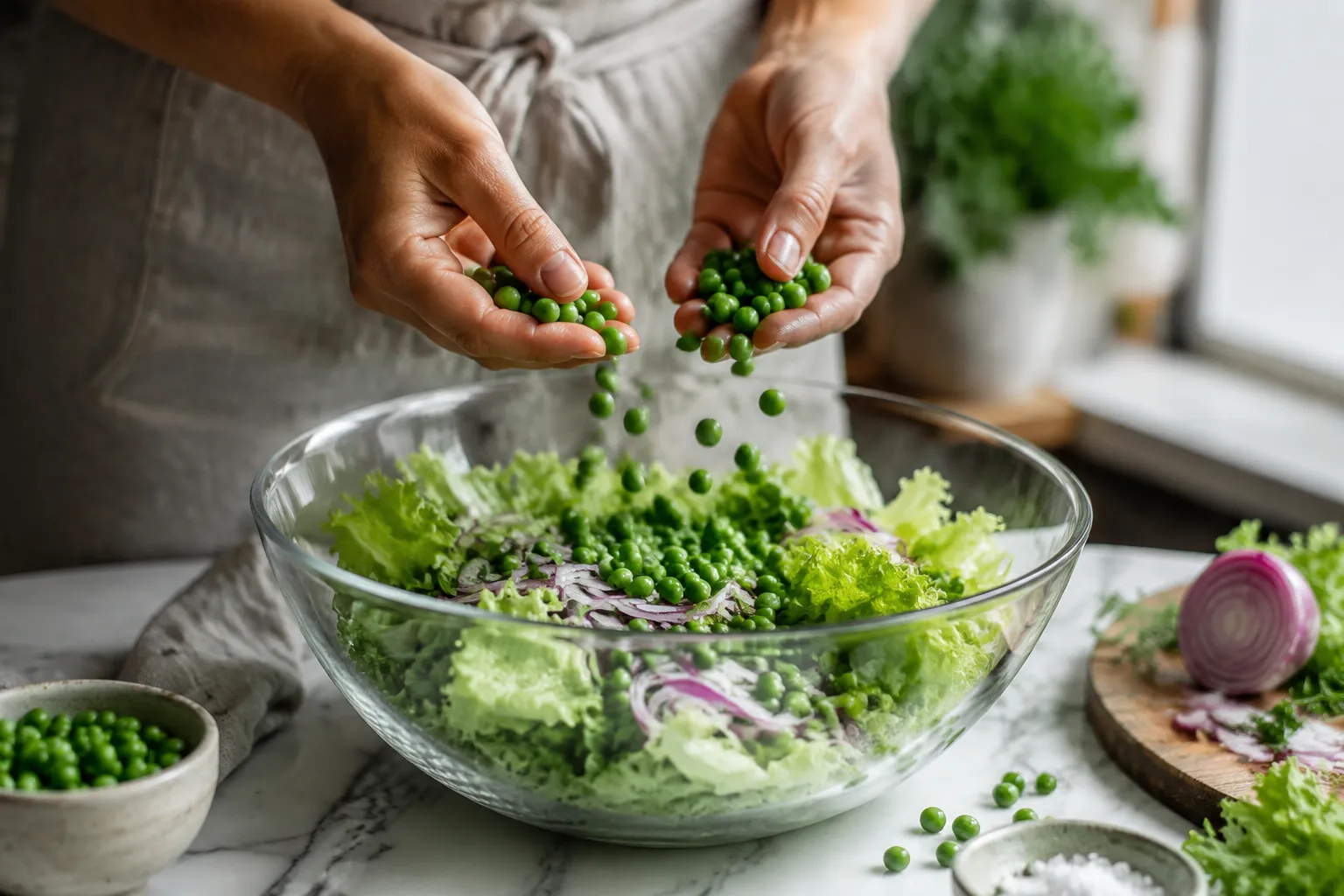 Layering frozen peas over lettuce while building a 7 layer salad