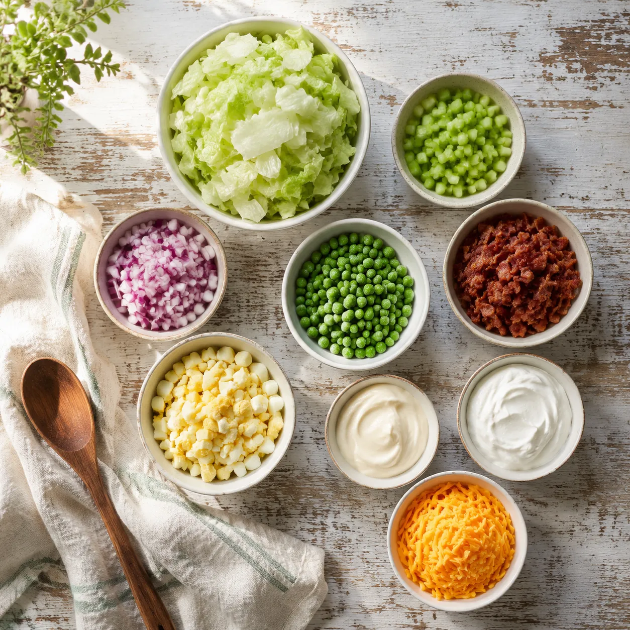 Ingredients for seven layer salad recipe arranged overhead in prep bowls