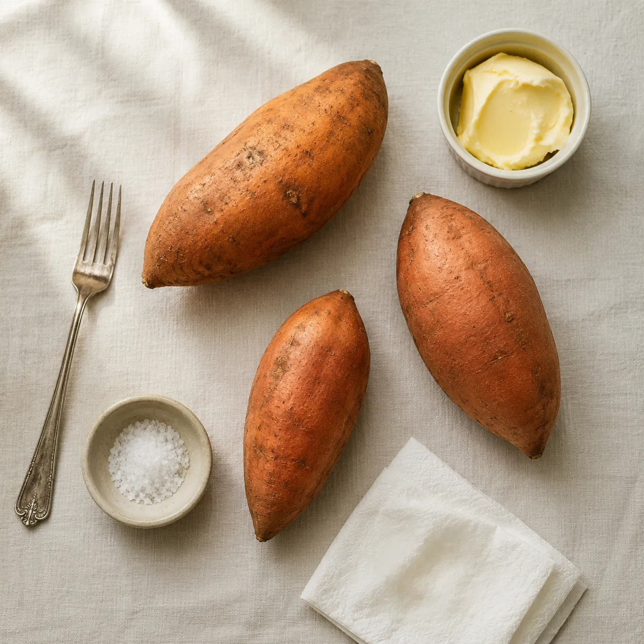 Ingredients for microwave sweet potato laid out on linen background