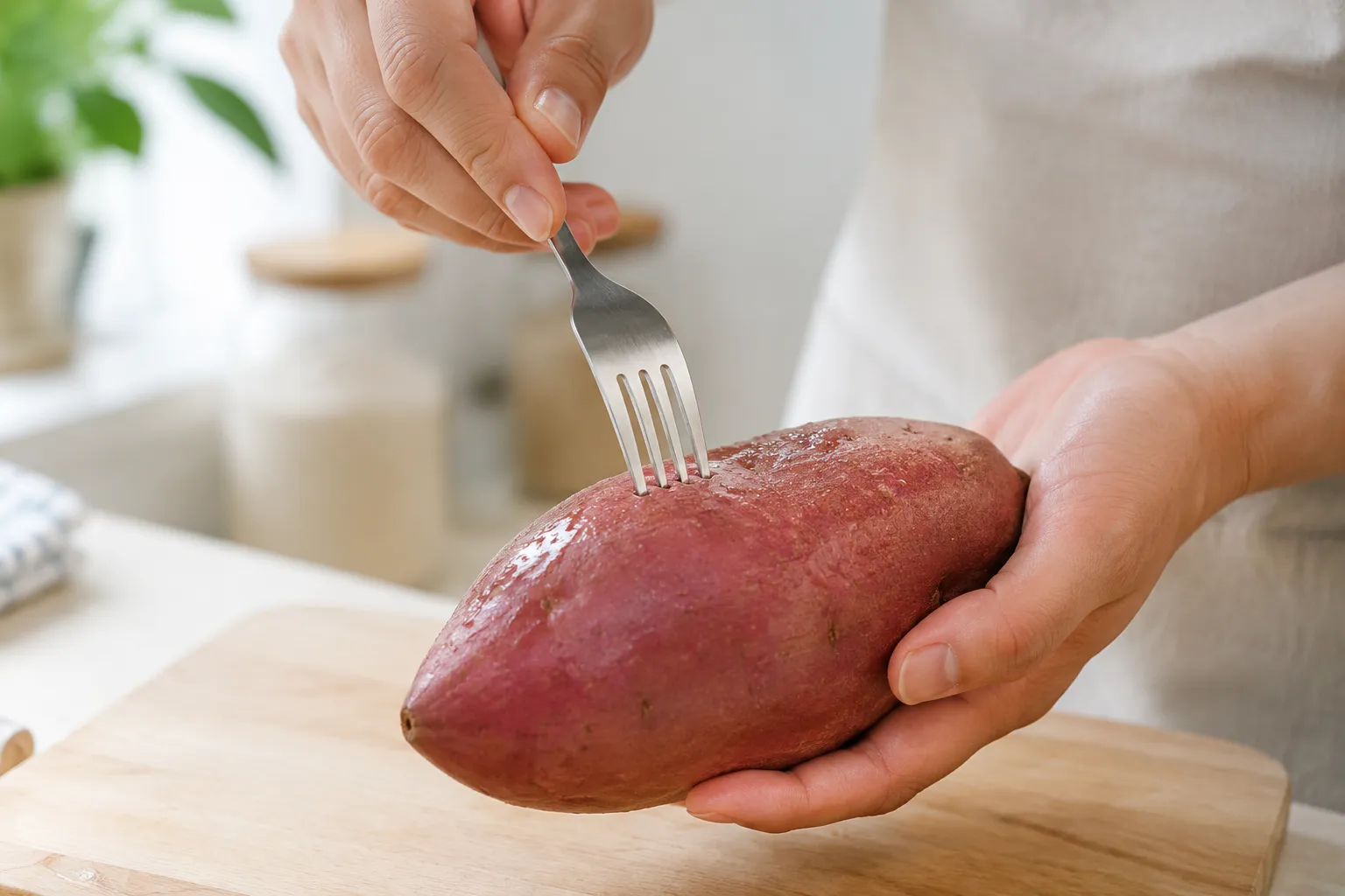 Piercing a sweet potato with a fork before microwaving