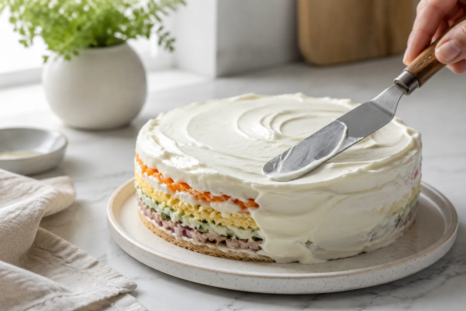 Spreading creamy dressing to seal a seven layer salad recipe