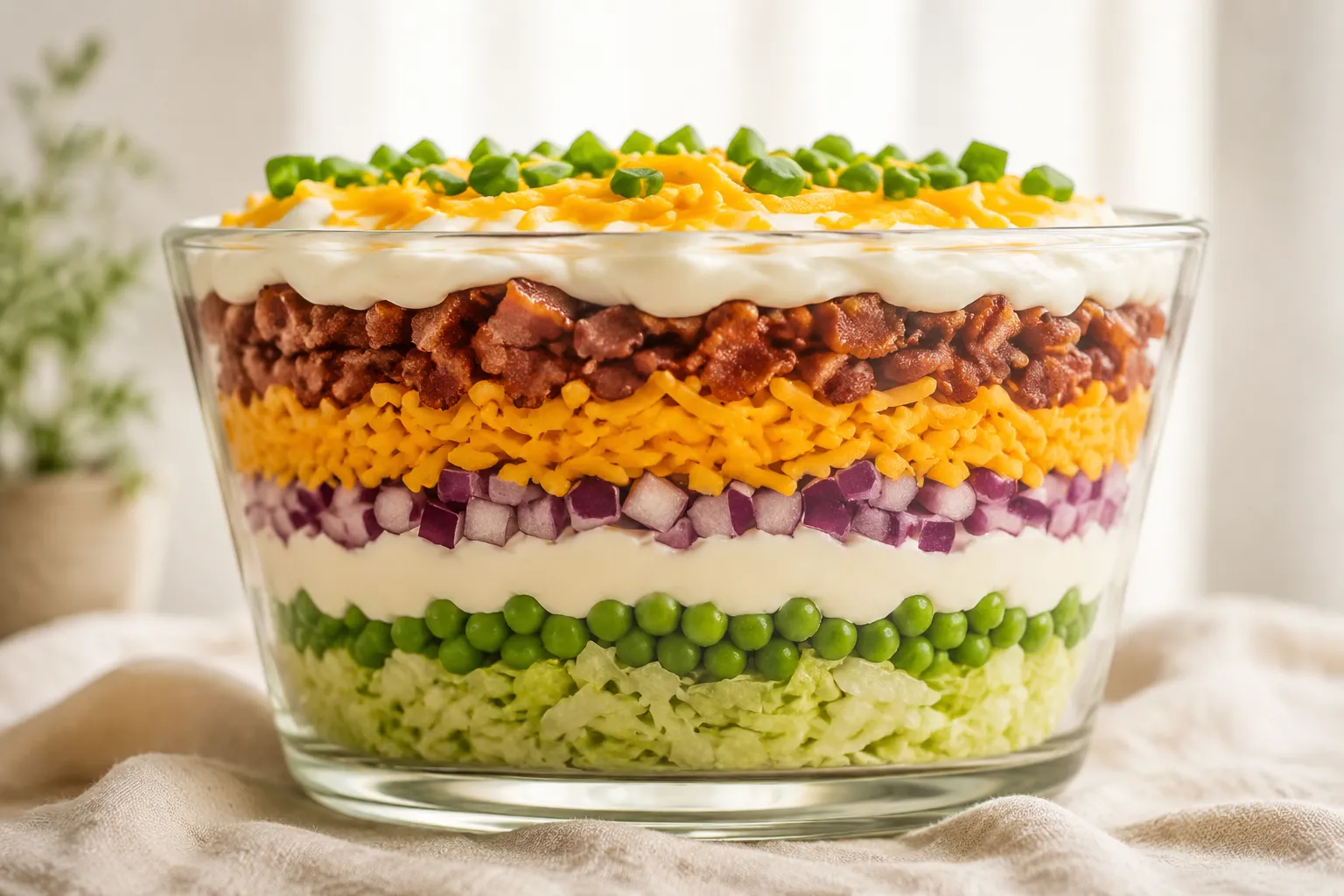 Finished 7 layer salad showing distinct layers from the side