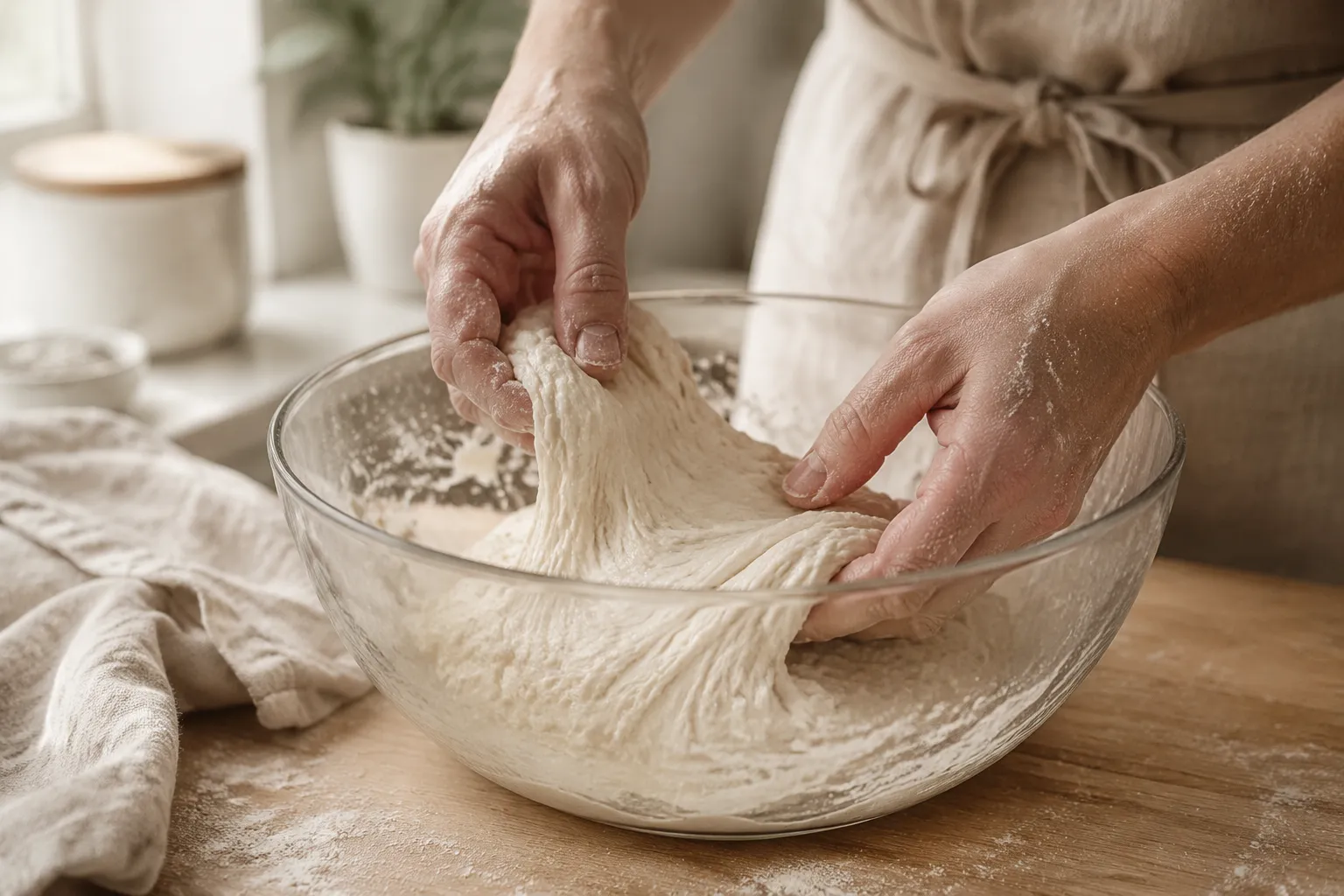 Stretching and folding sourdough english muffin dough during bulk fermentation